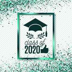 Class of 2020 greeting card with hat, thumb up hand, laurels on stripe background with emerald foil frame for invitation, banner, poster, postcard. Vector graduate template. All isolated and layered