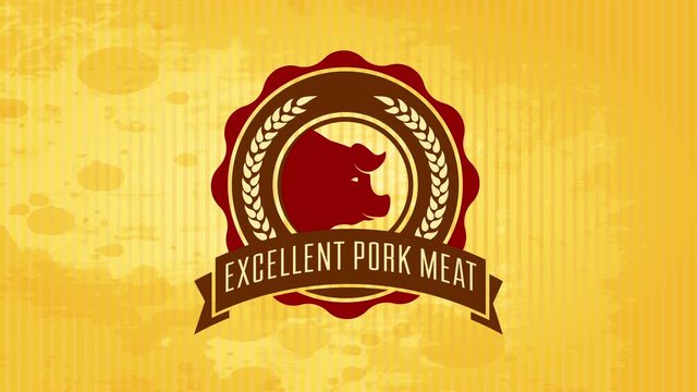 farm grown pork meat butcher shop selling first class spare rib chops with pigs head on rounded seal