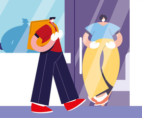 delivery man with face mask carries delivery a the door of the house