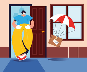 man catching parcel box falling down with parachute from sky