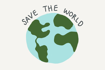 Save the world text with earth illustration background logo