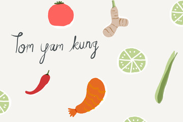 Tom yum kung Thai food ingredients illustration pattern