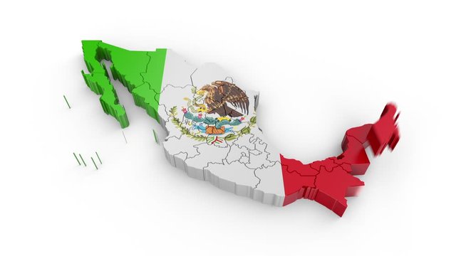 Mexico map with flag formed by individual regions falling from top to bottom on a white background. Animation with alpha channel