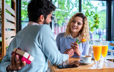 Romantic couple in the cafe. Dating, love, relationships