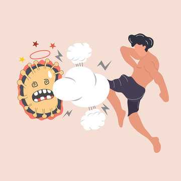The man kick coronavirus or covid-19. Thai boxing, boxer, outbreak, Muay Thai. Vector cartoon character illustration icon design.