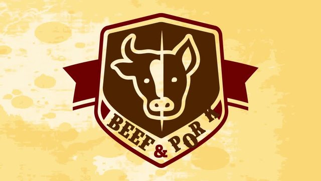 used napkin with beef and pork bbq restaurant brand on it over striped brown dirty paper texture