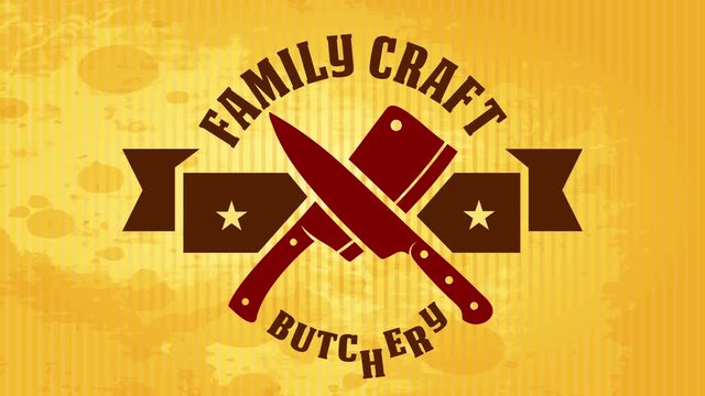 family craft butchery store selling high premium meat with hipster graphic over discolored old cardboard background