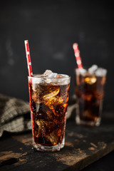 Close up glass of refreshing cola.