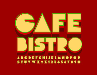 Vector retro style banner Cafe Bistro 3D Creative Font. Bright Alphabet Letters and Numbers