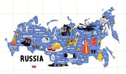 Russia map flat hand drawn vector illustration flag. Names lettering and cartoon landmarks, tourist attractions cliparts.Moscow travel, trip comic infographic poster, banner concept design