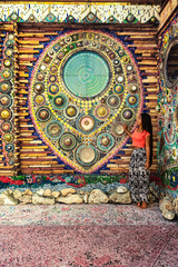 Traveler woman joy amazing view Thailand temple Wat Phra Thart Pha Sorn Kaew in Asia, Adventure lifestyle travel destination in Thailand