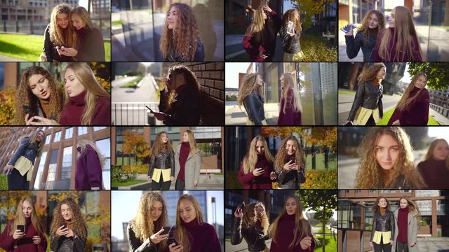 Collage shooting of two young friends walking on a Sunny autumn day in the city. They walk near the houses, cut the yellow bushes. They look at their smartphones, take selfies