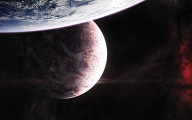 Inhabited planets in red light. Deep space. Science fiction. Elements of this image furnished by...