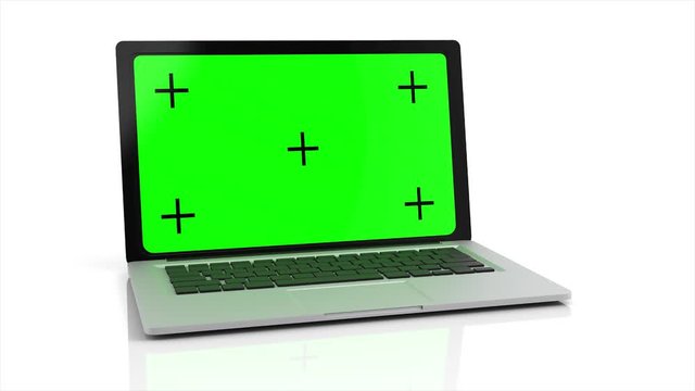 Modern laptop with a green screen is opening on a white background. 4K animation with alpha channel. 3D rendering