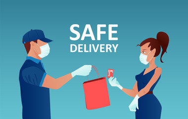 Vector of a delivery man in a face mask, wearing gloves holding a bag and a customer woman paying with credit card