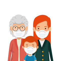 mother with grandmother and son using face mask vector illustration design