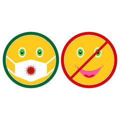 Wear a face mask. Emoticon icons. No entry without face mask. Red and green signs. Warning symbols with emoji. Vector image, illustration with smileys.
