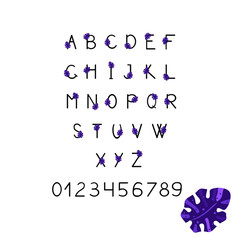 Elegant font. Lettering decorated with monstera leaves. Vector illustration.