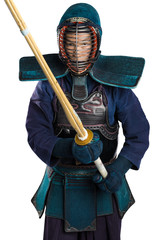 Portrait of man kendo fighter with shinai (bamboo sword). Shot in studio. Isolated with clipping path on white background