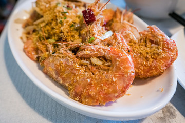 Deep fried crispy shrimp with  salt and garlic - close up