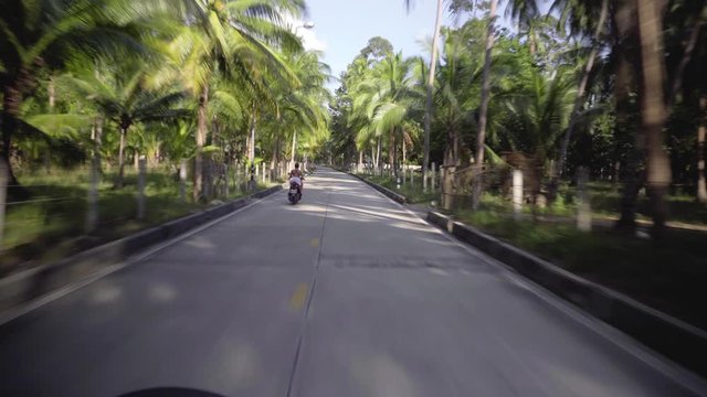 onboard camera, on the road in the jungle on an island in summer day on a motorcycle