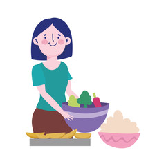 people cooking, woman with vegetable bowl dessert and cream