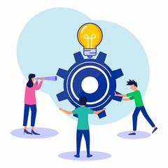 Flat vector illustration, business people are involved in teamwork to find new ideas, little people start the mechanism as plants, find new solutions, creative work.