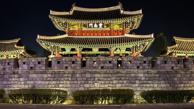 Timelapse shot of Ancient castle Pungnammun Gate in Jeonju Korea. Korean Treasure No. 308, Built in 1767. Chinese characters is Pungnammun gate.