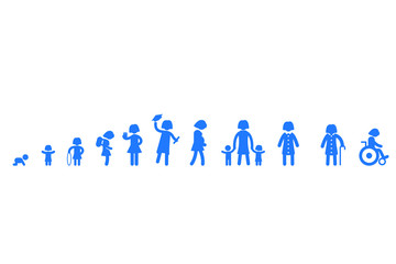 Woman Life cycle from birth to old age with info graphics in background.