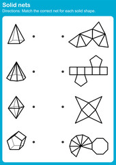 Match the correct net for each solid shape. -  Worksheet for education.