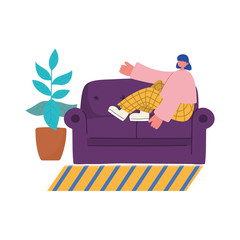 people activities, young woman sitting on sofa plant in pot and carpet decoration
