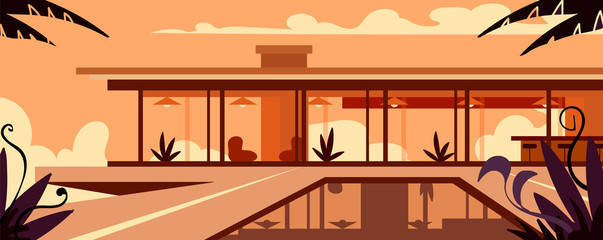 Expensive modern house with a pool in the sunset. Vector illustration.