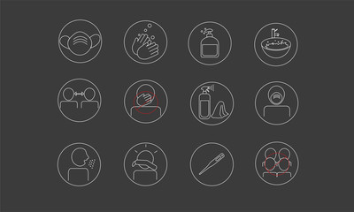 Group of icons related to coronavrius prevention and social distancing.Icons inside white circle. Vector