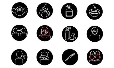 Group of icons related to coronavrius prevention and social distancing.Icons inside circle on white background, Vector