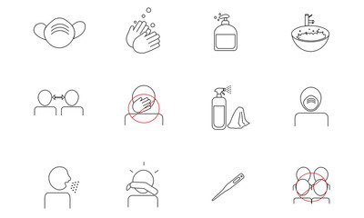 Group of icons related to coronavrius prevention and social distancing.Icons on isolated white background, Vector