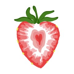 Fruit flat icon logo. Cute fresh strawberry with green leaf isolated on white background. Vector illustration.