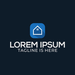 The logo design of the white house symbol icon in the blue square.
