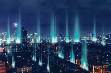City with wireless network connection concept , abstract communication technology concept .