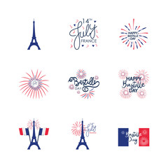eiffel tower and Bastille day icon set, flat style