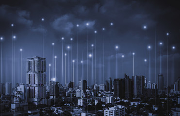 City with wireless network connection concept , abstract communication technology concept .