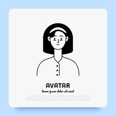 Caucasian friendly and happy young woman, teenager or girl avatar with long hair. Flat style. Vector illistration.