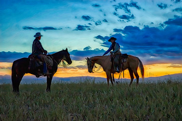 Cowboys at dawn digital oil painting