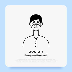 Caucasian friendly and happy young man in eyeglasses, teenager or boy avatar. Flat style. Vector illistration.