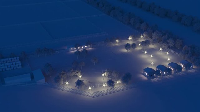 Farm concept with buildings, parking for cars, children's playground. Night. Evening lighting. 3D rendering.