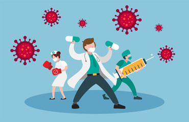 Group of medical staff fight with virus. Coranavirus, vector illustration.
