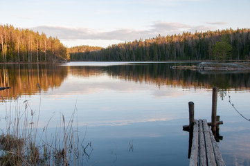 The old wooden pier on a lake in spring forest. Trees and sky reflected in the calm waters of a forest lake.  Natural background. Sunset moment.island in the lake. 