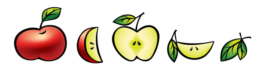 Set of apples, whole, slice. With leaves and seeds. Ripe red. 