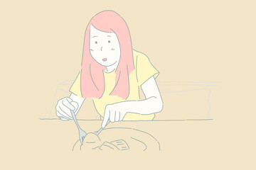 Woman eating dessert with hand drawing vector.