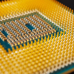 Fototapeta premium Processor microprocessor CPU computer or laptop very close-up. Semiconductors, pins and connectors. IT. Illustration: electronic and computing equipment. Macro