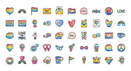 lgbt and pride icon set, line color style